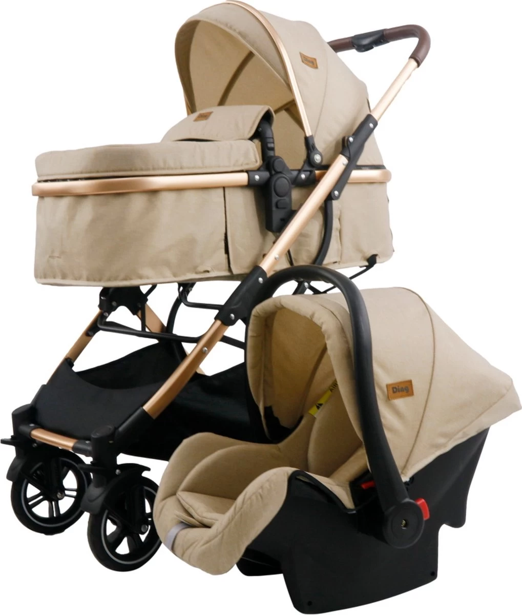 Ding Juna Kinderwagen 3 In 1 - Beige/Rose - Combi Kinderwagen Incl. Autostoel - Afbeelding 3