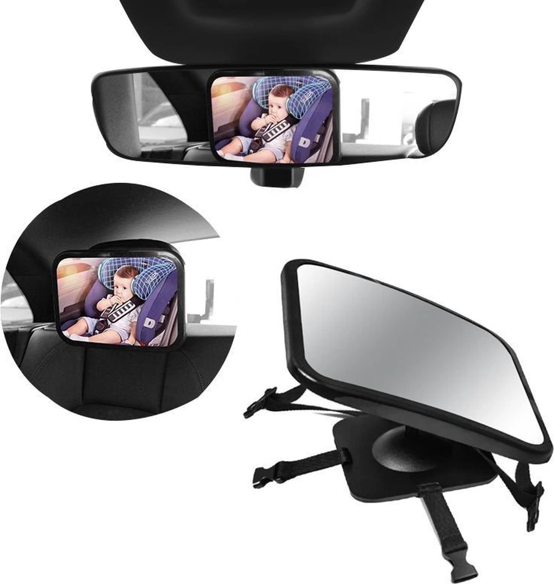 Autospiegel Baby 360° Verstelbaar Voor Hoofdsteun Autostoel -Achteruitkijkspiegel - Achterbankspiegel Kinderen -Baby Veiligheid Accessoires - Zwart - Afbeelding 2