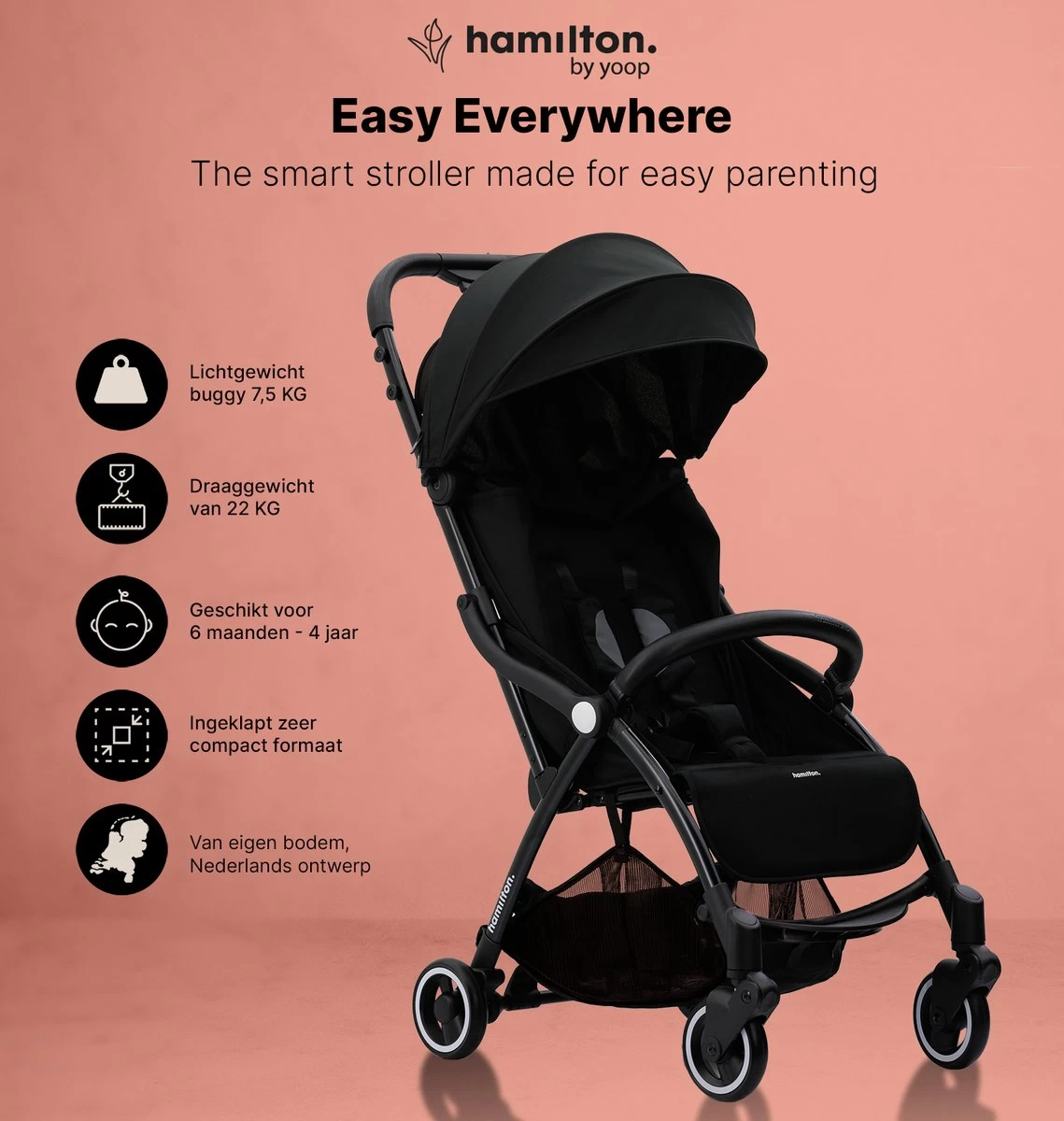 Hamilton By Yoop S1 Plus Buggy – Nieuw En Hoger 2023 Model – Premium Budget Stroller Met One Hand Folding Technologie – Zwart/Antraciet – Lichte, Verstelbare En Wendbare Kinderwagen Met Vele Gemakken - Afbeelding 4