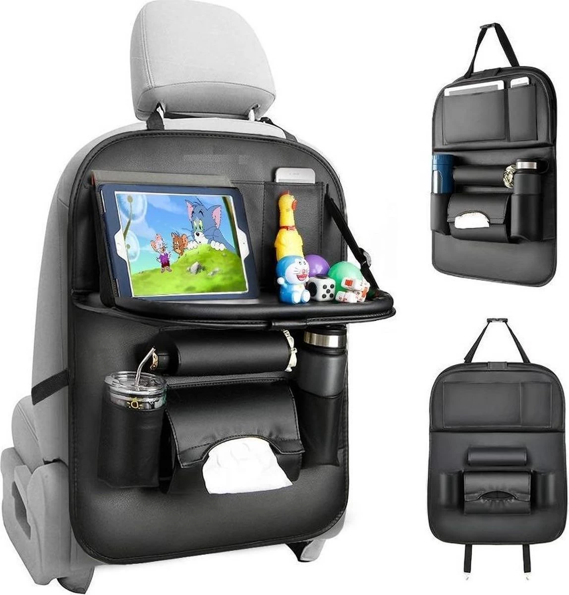 RAMBUX® - Autostoel Organizer Met Tray - Organizer Auto Stoelhoes Met Uitklapbare Tafel - Duurzaam Mat Zwart PU Leer Kunstleer - Tablethouder - Telefoonhouder - Fleshouder - Afbeelding 6