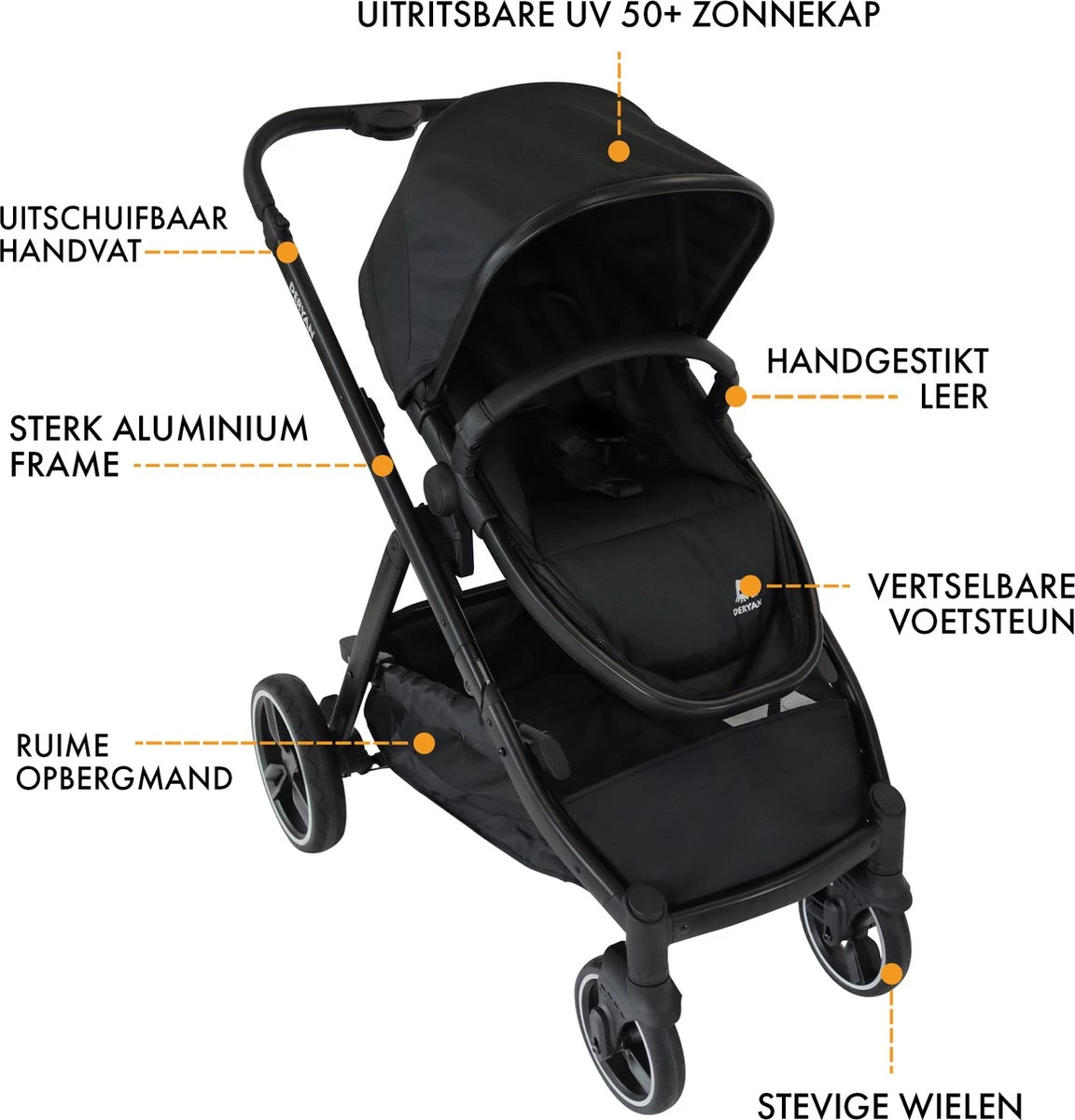 Deryan Evy Kinderwagen - Duo Kinderwagen - Uitbreidbaar - Inclusief Reiswieg - Zwart - Afbeelding 11