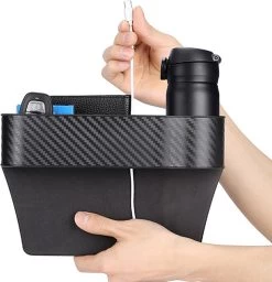 Autostoel Organizer Bijrijder Met Bekerhouder | Auto Opbergdoos Met Bekerhouder | Auto Organizer | Gap Filler Autostoel | Auto Gap Vuller | Organizer In Carbon Fiber Look | Auto Accessoires | Opbergen Auto Accessoires |