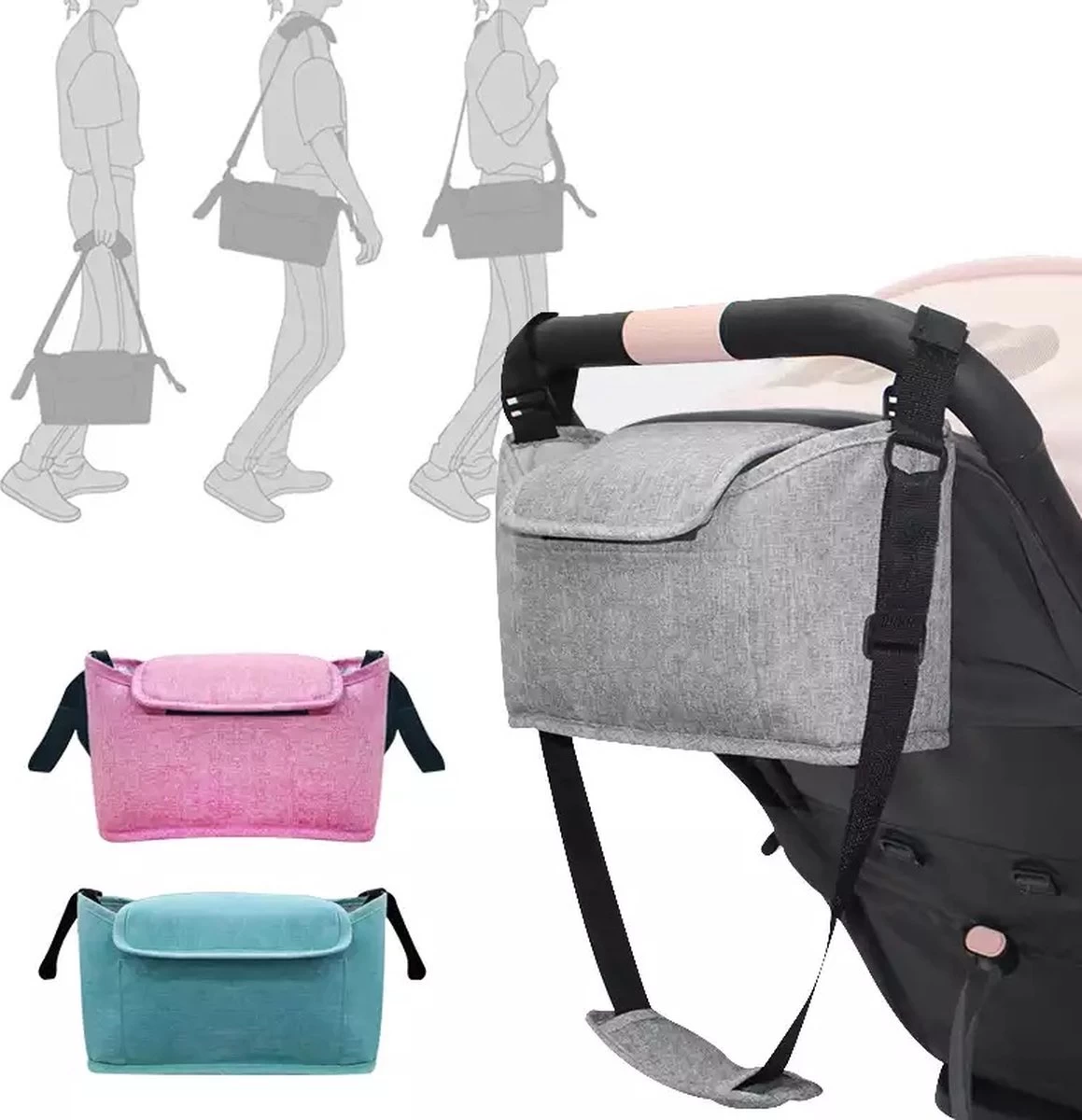 3 In 1 Kinderwagen Tas Universele Wandelwagen | Luiertas Draagtas Reistas Met Fles En Bekerhouder | - Zwart
