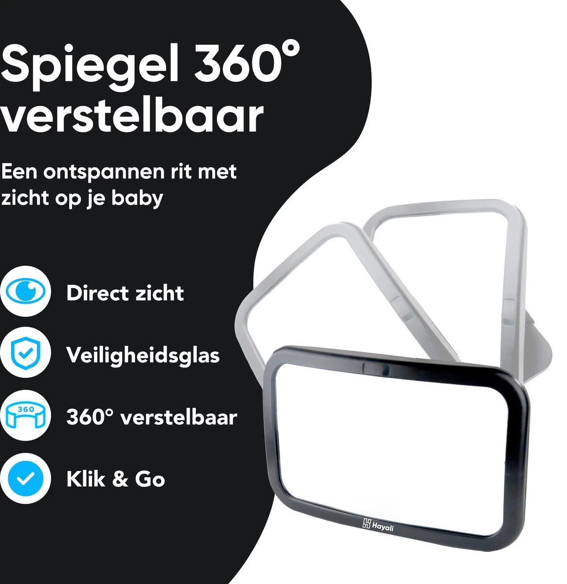 Autospiegel Baby 360° Verstelbaar Voor Hoofdsteun Autostoel -Achteruitkijkspiegel XL- Achterbankspiegel Kinderen -Baby Veiligheid Accessoires - Zwart - Afbeelding 2