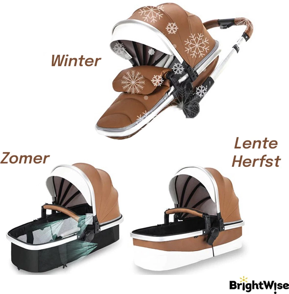 Merkloos BrightWise® Luxe Kinderwagen 3 In 1 Voldoet Aan Alle Europese Veiligheidscertificaten - Wandelwagen - Kinderwagen 3-in-1 Incl Autostoel - Kinderwagen Maxi Cosi – Buggy 3 In 1 - Newborn - Leer - Bruin - Afbeelding 12