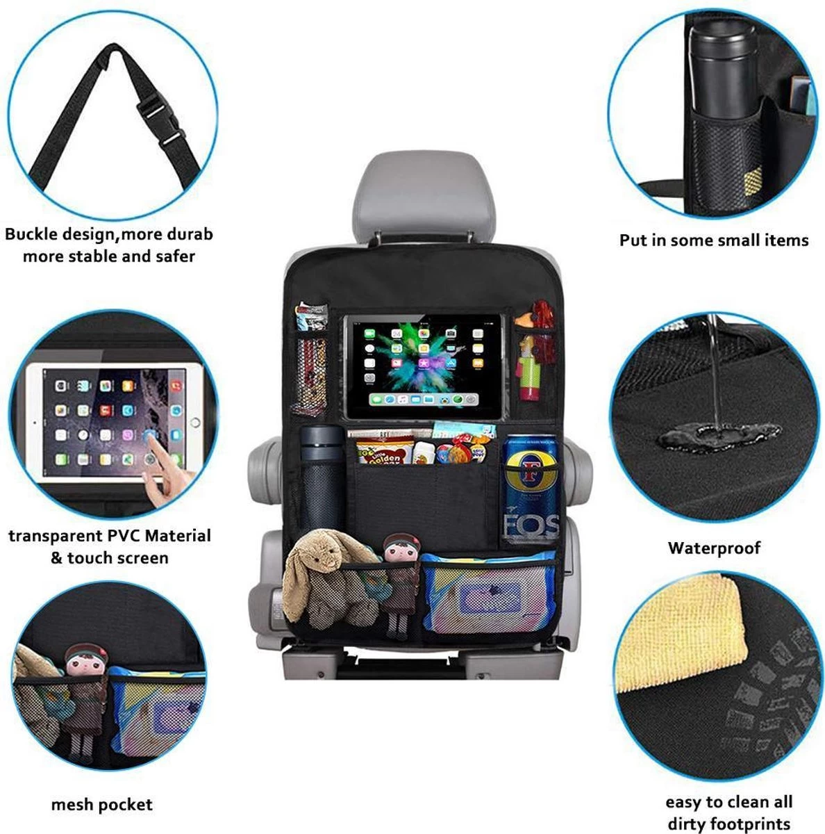 Merkloos Autostoel Organizer + Opvouwbare Mini Prullenbak Bundel - Musthave Voor Uw Autovakantie! - IPad/Tablet Houder - Opvouwbaar - Inklapbaar - Rugleuning - Auto Opbergsysteem - Kinderen - Waterafstotend - Prullenmand - Licht - Opberg - Universeel - Handig - Afbeelding 7