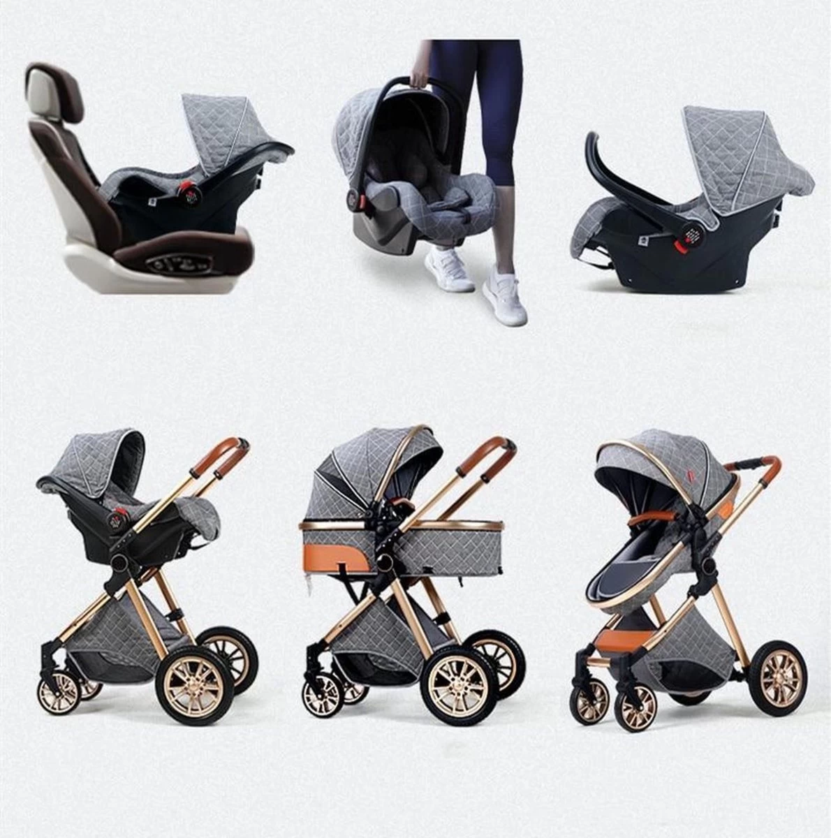 Merkloos Kinderwagen 3-in-1 – Luxe Kinderwagen - Buggy – Wandelwagen - Multifunctioneel – Opklapbaar – Incl Autostoel – Grijs - Afbeelding 7