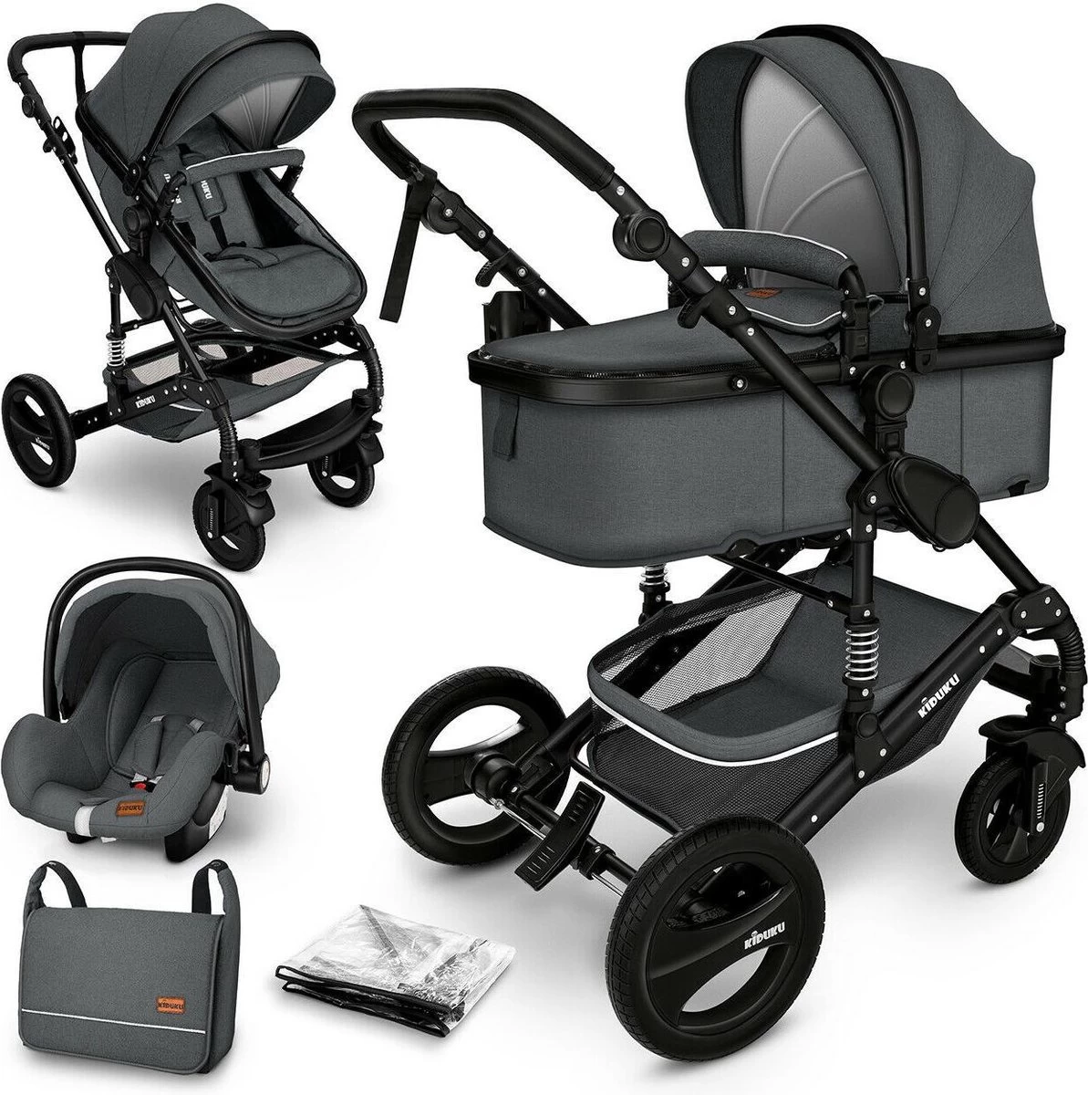 KIDUKU- 3 In 1 Combi-kinderwagen- Antraciet/zwart Buggy Incl. Autostoeltje-regenhoes- Inklapbaar
