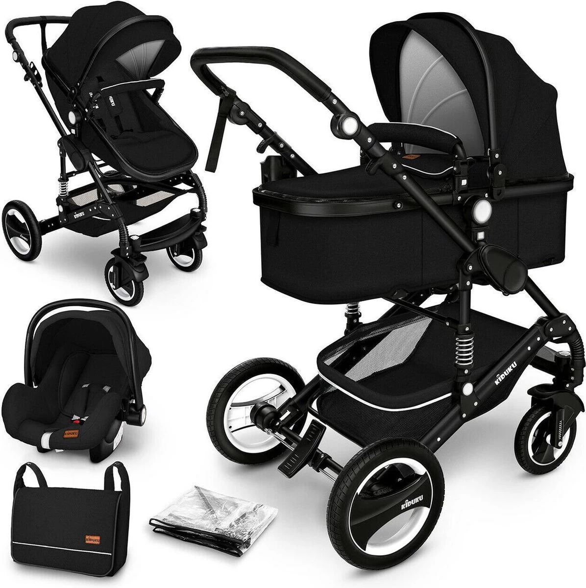 KIDUKU- 3 In 1 Combi-kinderwagen- Zwart- Buggy Incl. Autostoeltje-regenhoes- Inklapbaar