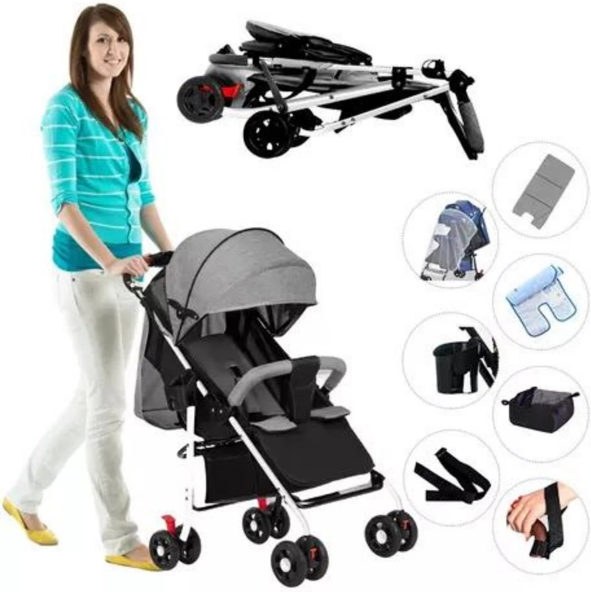 Child Supplies Buggy - Inklapbare Buggy - Baby Stroller - 3 In 1 - Kinderwagen - Grijs - Afbeelding 8