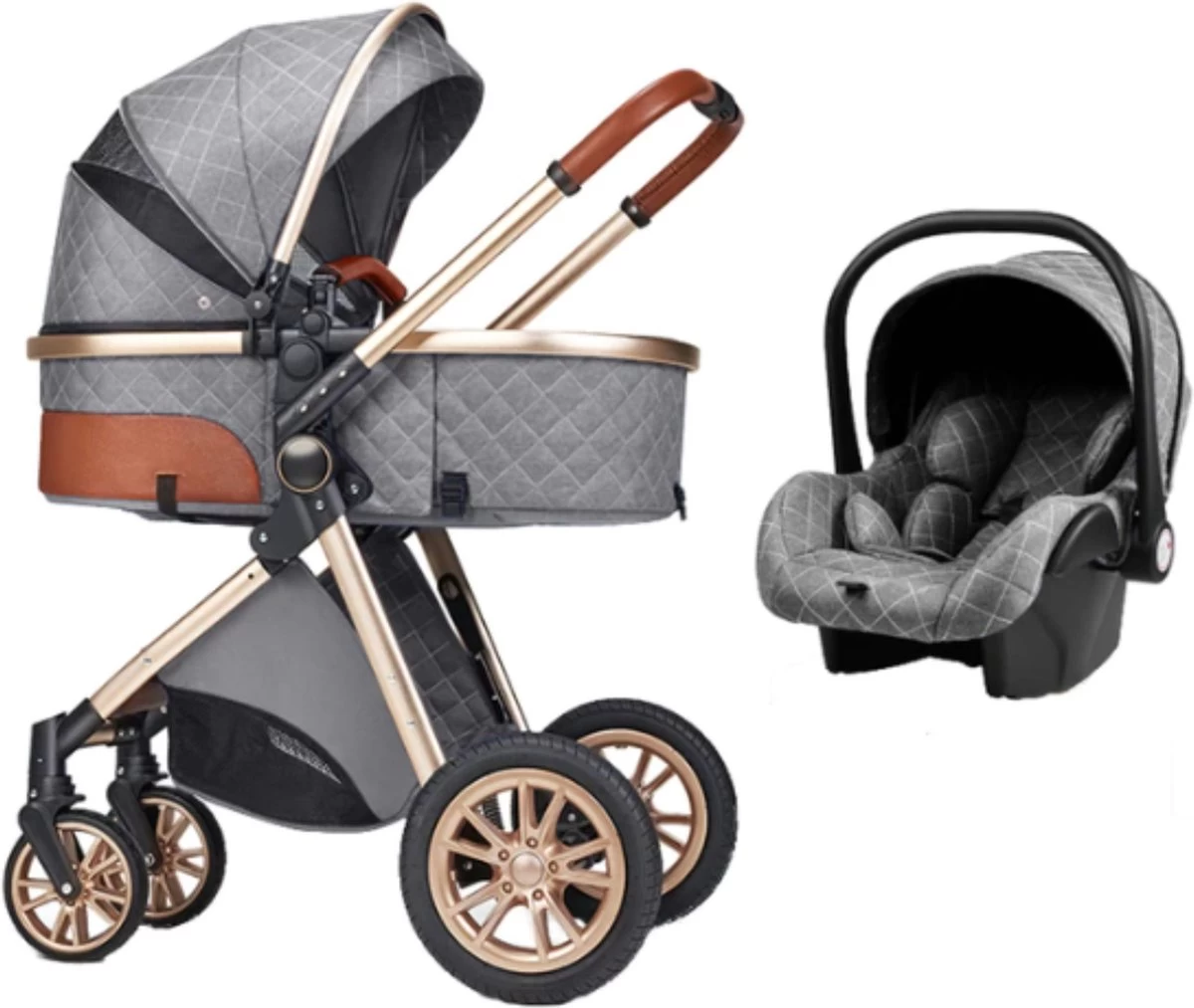 Merkloos Kinderwagen 3-in-1 – Luxe Kinderwagen - Buggy – Wandelwagen - Multifunctioneel – Opklapbaar – Incl Autostoel – Grijs - Afbeelding 2