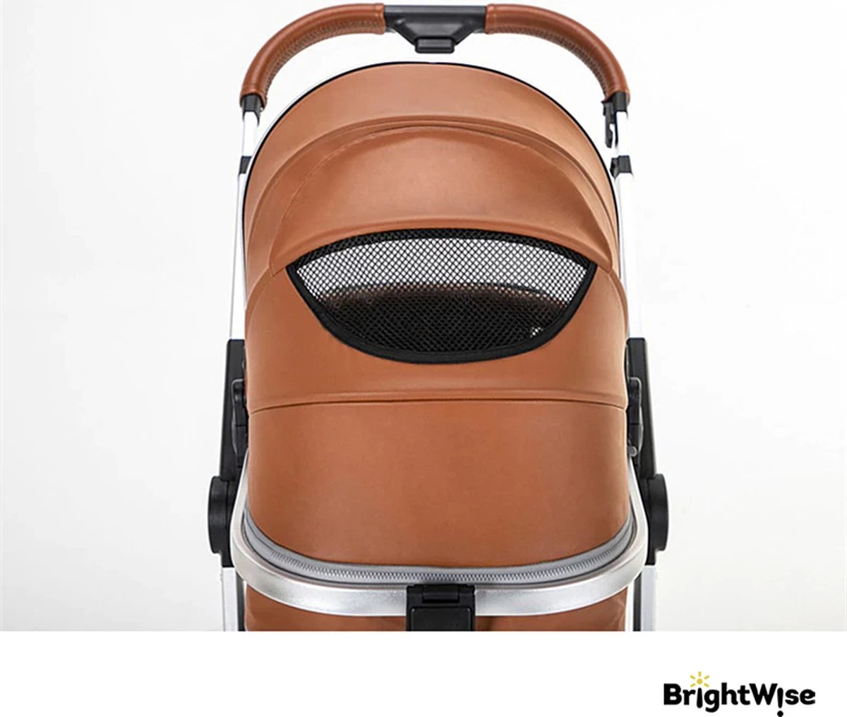Merkloos BrightWise® Luxe Kinderwagen 3 In 1 Voldoet Aan Alle Europese Veiligheidscertificaten - Wandelwagen - Kinderwagen 3-in-1 Incl Autostoel - Kinderwagen Maxi Cosi – Buggy 3 In 1 - Newborn - Leer - Bruin - Afbeelding 8