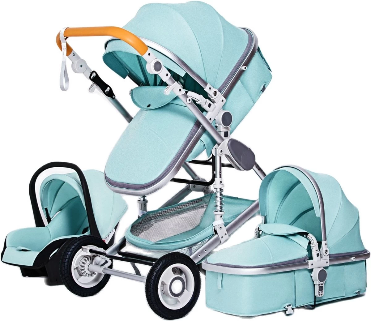 Merkloos Luxe 3-in-1 Kinderwagen - Wandelwagen - Autostoeltje - Buggy - Inklapbaar - Groen - 0-36 Maanden