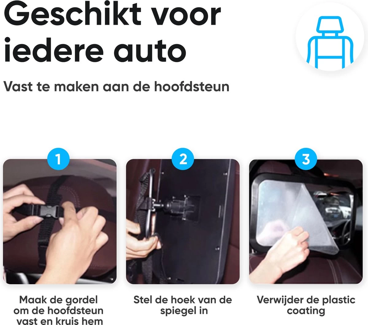 Autospiegel Baby 360° Verstelbaar Voor Hoofdsteun Autostoel -Achteruitkijkspiegel XL- Achterbankspiegel Kinderen -Baby Veiligheid Accessoires - Zwart - Afbeelding 8