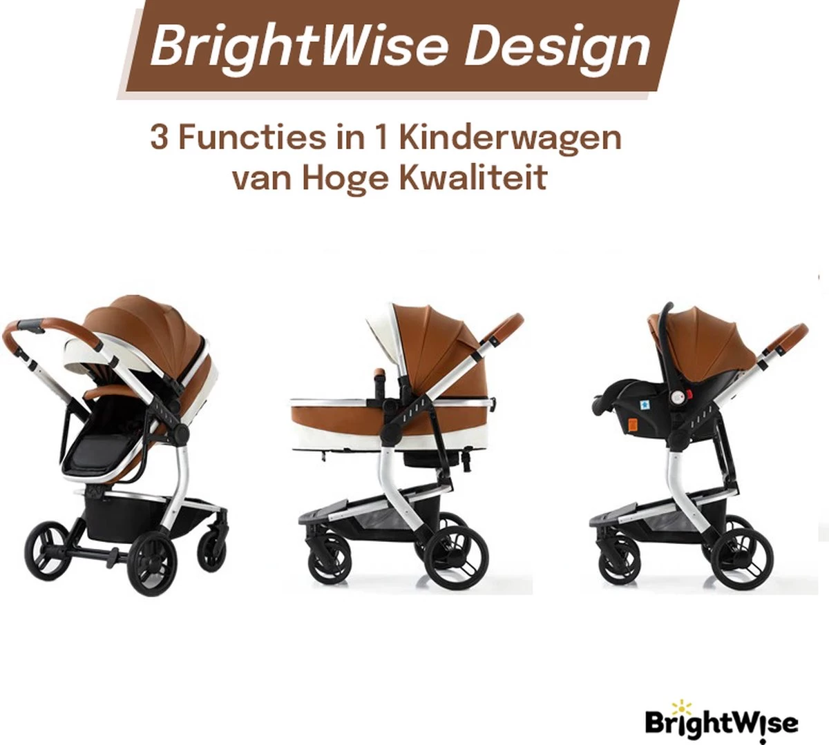 Merkloos BrightWise® Luxe Kinderwagen 3 In 1 Voldoet Aan Alle Europese Veiligheidscertificaten - Wandelwagen - Kinderwagen 3-in-1 Incl Autostoel - Kinderwagen Maxi Cosi – Buggy 3 In 1 - Newborn - Leer - Bruin - Afbeelding 5