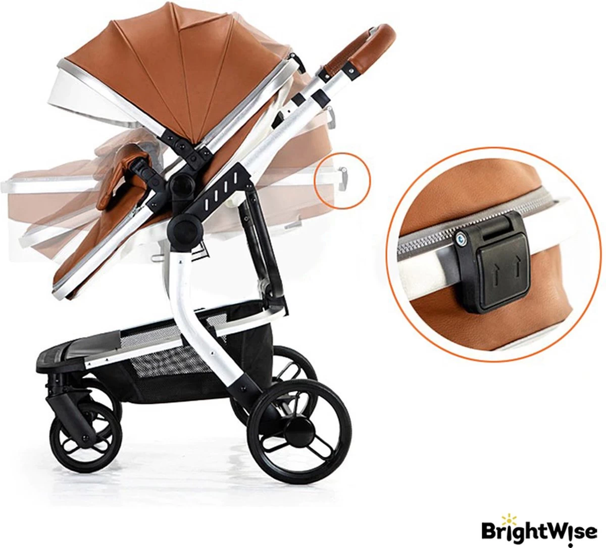 Merkloos BrightWise® Luxe Kinderwagen 3 In 1 Voldoet Aan Alle Europese Veiligheidscertificaten - Wandelwagen - Kinderwagen 3-in-1 Incl Autostoel - Kinderwagen Maxi Cosi – Buggy 3 In 1 - Newborn - Leer - Bruin - Afbeelding 3