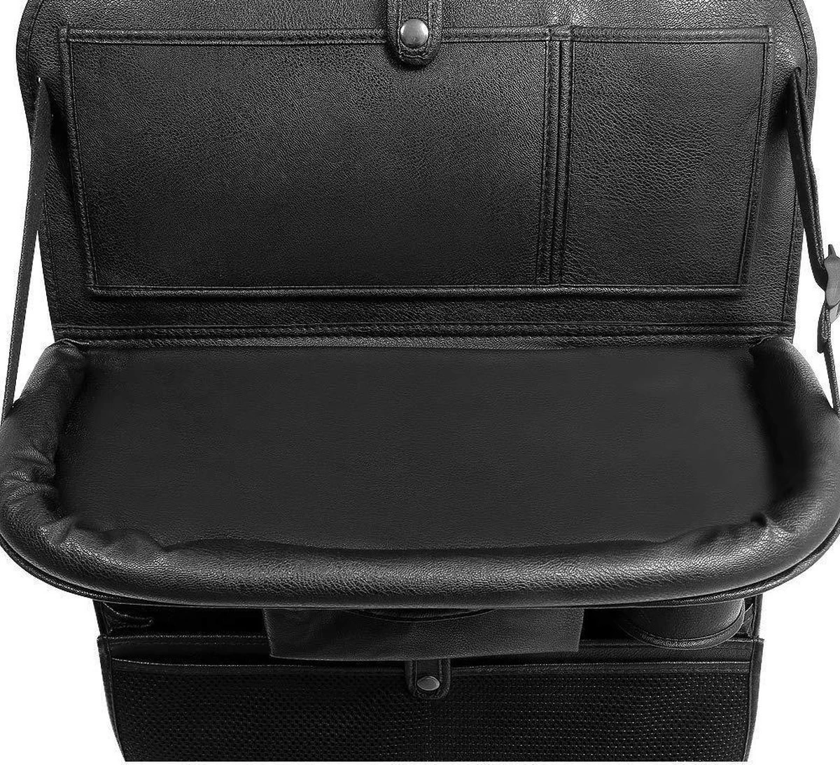 RAMBUX® - Autostoel Organizer Met Tray - Organizer Auto Stoelhoes Met Uitklapbare Tafel - Duurzaam Mat Zwart PU Leer Kunstleer - Tablethouder - Telefoonhouder - Fleshouder - Afbeelding 4