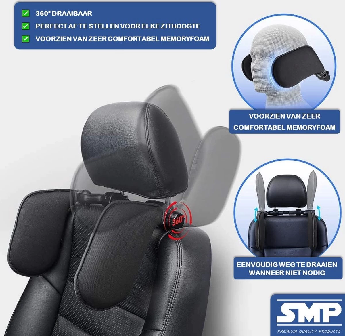 SMP® Hoofdsteun Auto Voor Kinderen En Volwassenen Voor Slapen In Auto - Nekkussen Auto - Reiskussen Auto - Neksteun Auto - Hoofdkussen Auto - Verstelbaar - Memoryfoam Met Ademde Stof - Zwart - Afbeelding 3