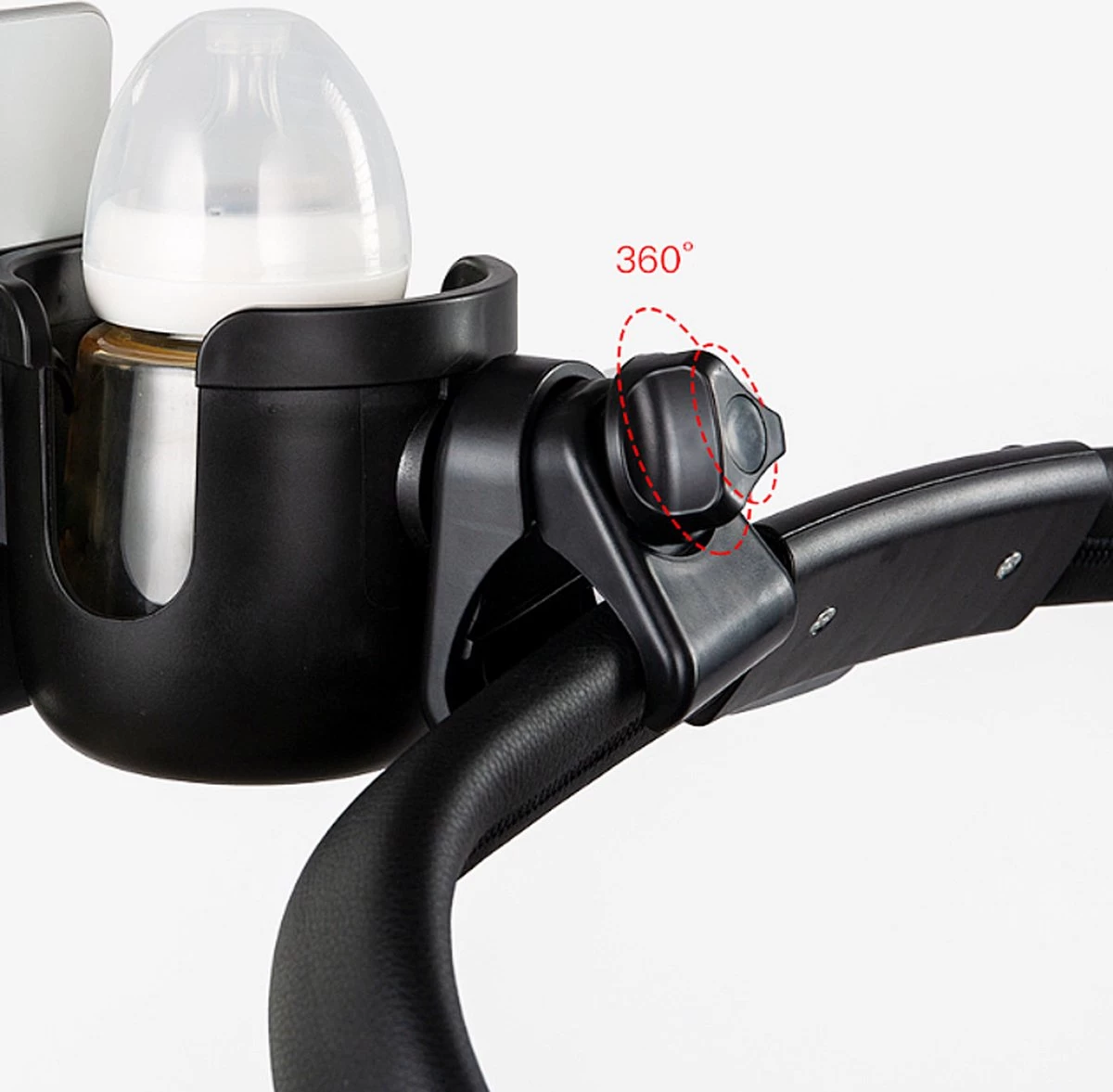 Merkloos Allernieuwste Universele Bekerhouder PLUS Telefoonhouder Voor Kinderwagen, Buggy En Fiets - Kinderwagen Accessoires - Combi 2-in-1 - ZWART - Afbeelding 2