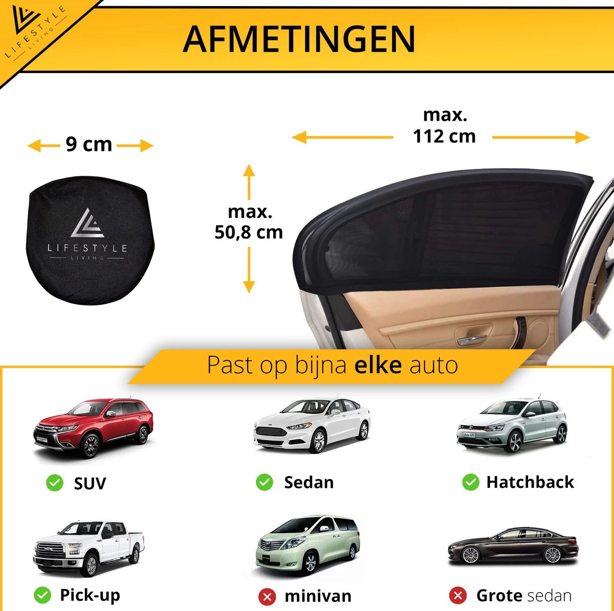 Lifestyle Living Zonnescherm – Overtrek Voor Auto Zijruit - Zonwering Voor Baby En Kind – Zonder Zuignappen – Incl. Hoes – MAX 112 X 51CM - Afbeelding 3