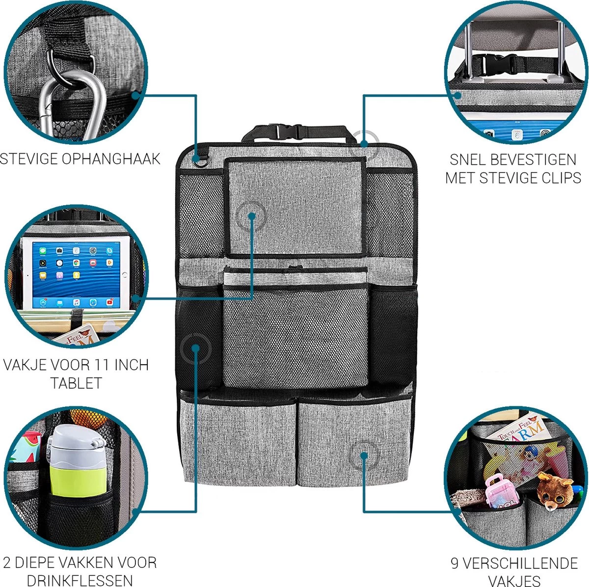 Vannons - Autostoel Organizer - Auto Organizer Voor Kinderen - Met IPadhouder - Grijs - Afbeelding 5
