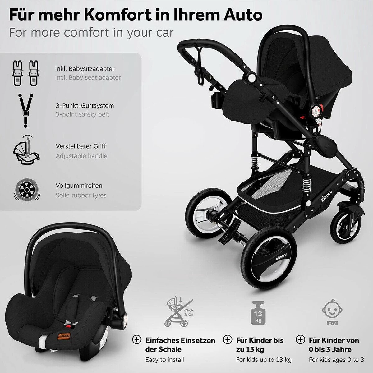 KIDUKU- 3 In 1 Combi-kinderwagen- Zwart- Buggy Incl. Autostoeltje-regenhoes- Inklapbaar - Afbeelding 3
