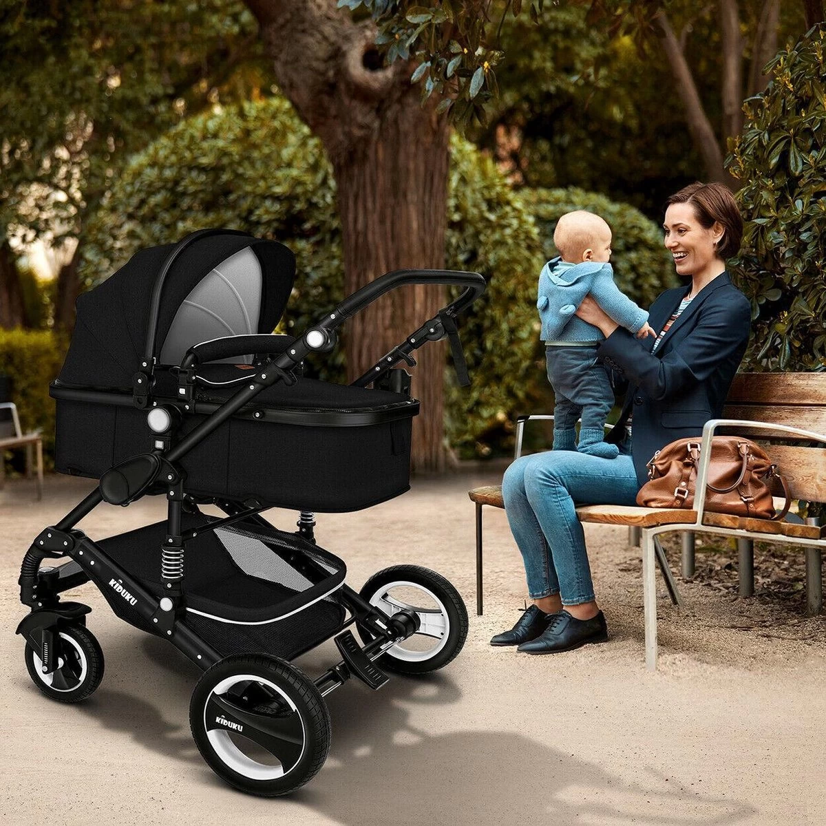 KIDUKU- 3 In 1 Combi-kinderwagen- Zwart- Buggy Incl. Autostoeltje-regenhoes- Inklapbaar - Afbeelding 5