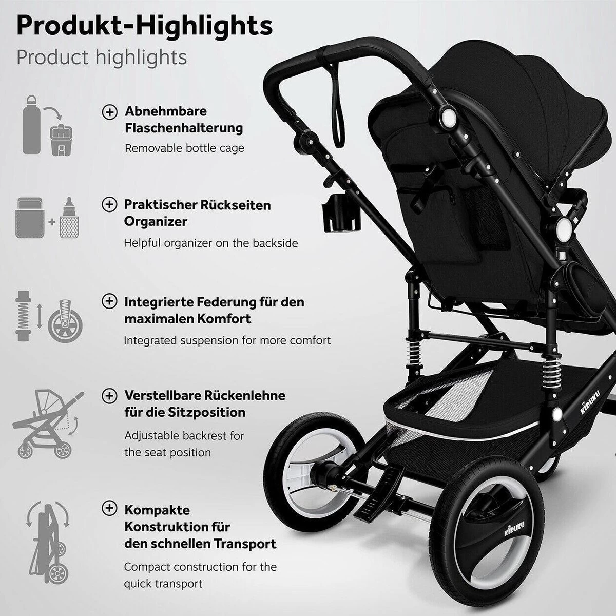 KIDUKU- 3 In 1 Combi-kinderwagen- Zwart- Buggy Incl. Autostoeltje-regenhoes- Inklapbaar - Afbeelding 6