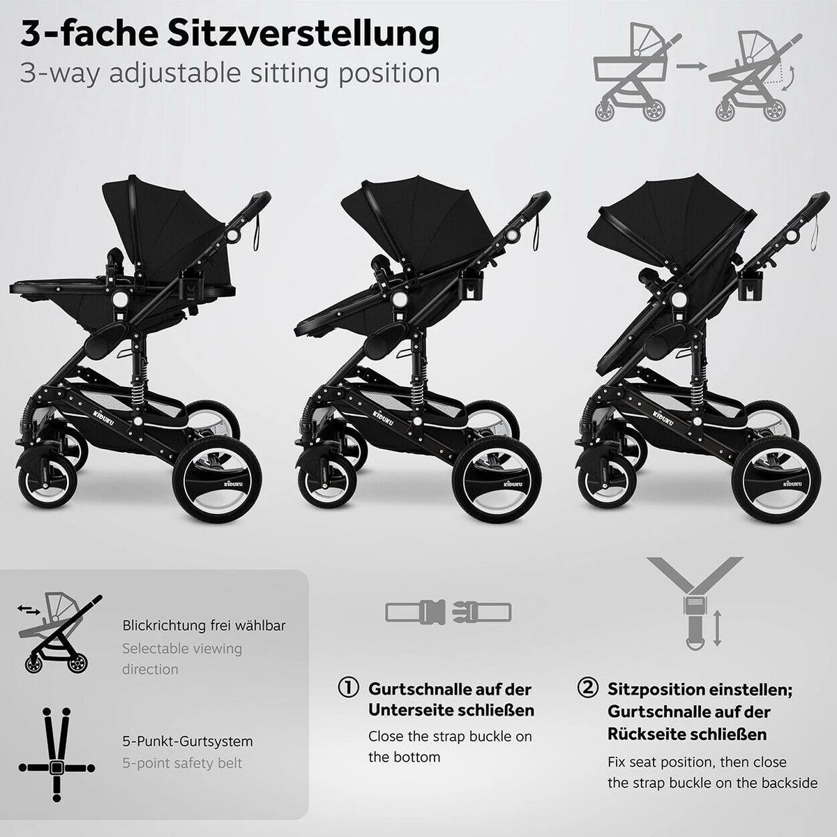 KIDUKU- 3 In 1 Combi-kinderwagen- Zwart- Buggy Incl. Autostoeltje-regenhoes- Inklapbaar - Afbeelding 7