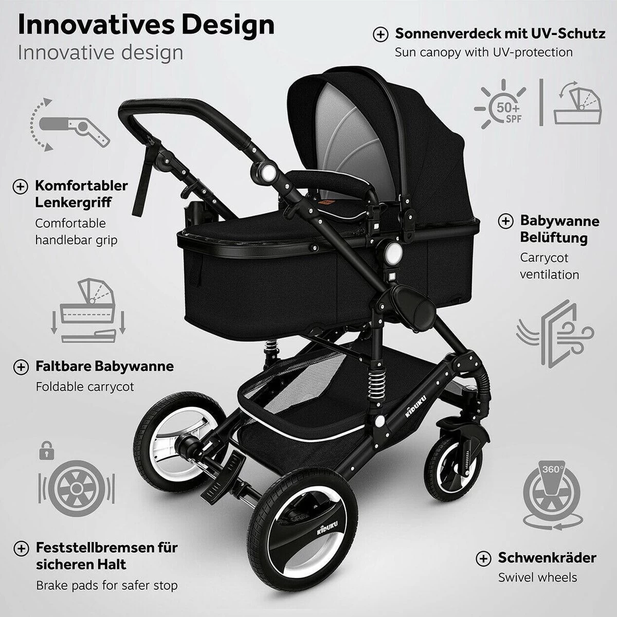 KIDUKU- 3 In 1 Combi-kinderwagen- Zwart- Buggy Incl. Autostoeltje-regenhoes- Inklapbaar - Afbeelding 9