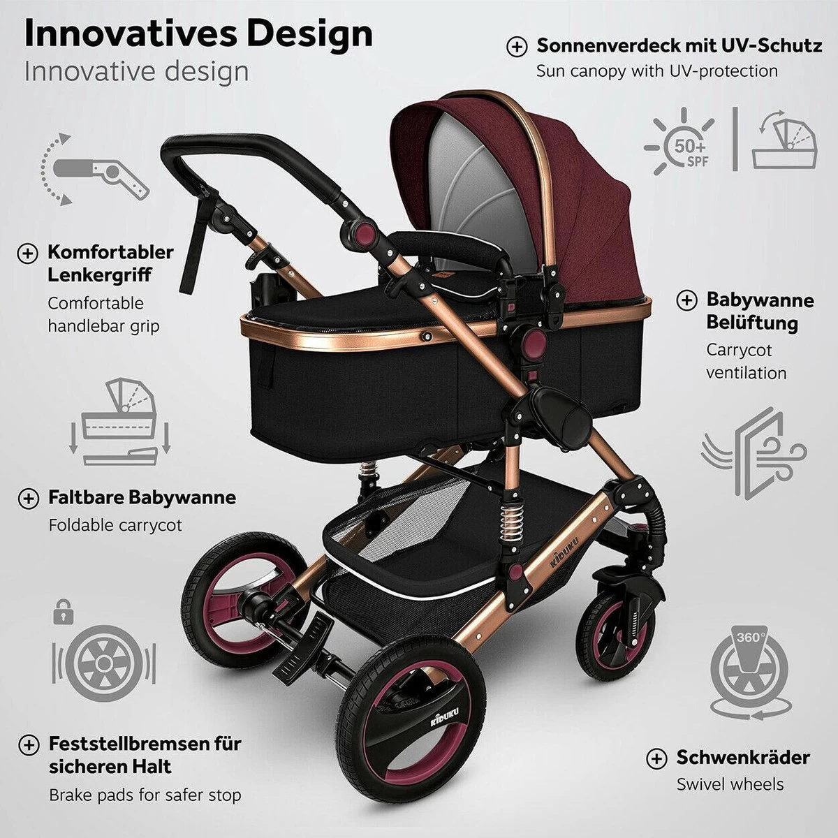 KIDUKU- 3 In 1 Combi-kinderwagen- Bordeaux- Zwart-goud- Buggy Incl. Autostoeltje-regenhoes- Inklapbaar - Afbeelding 2