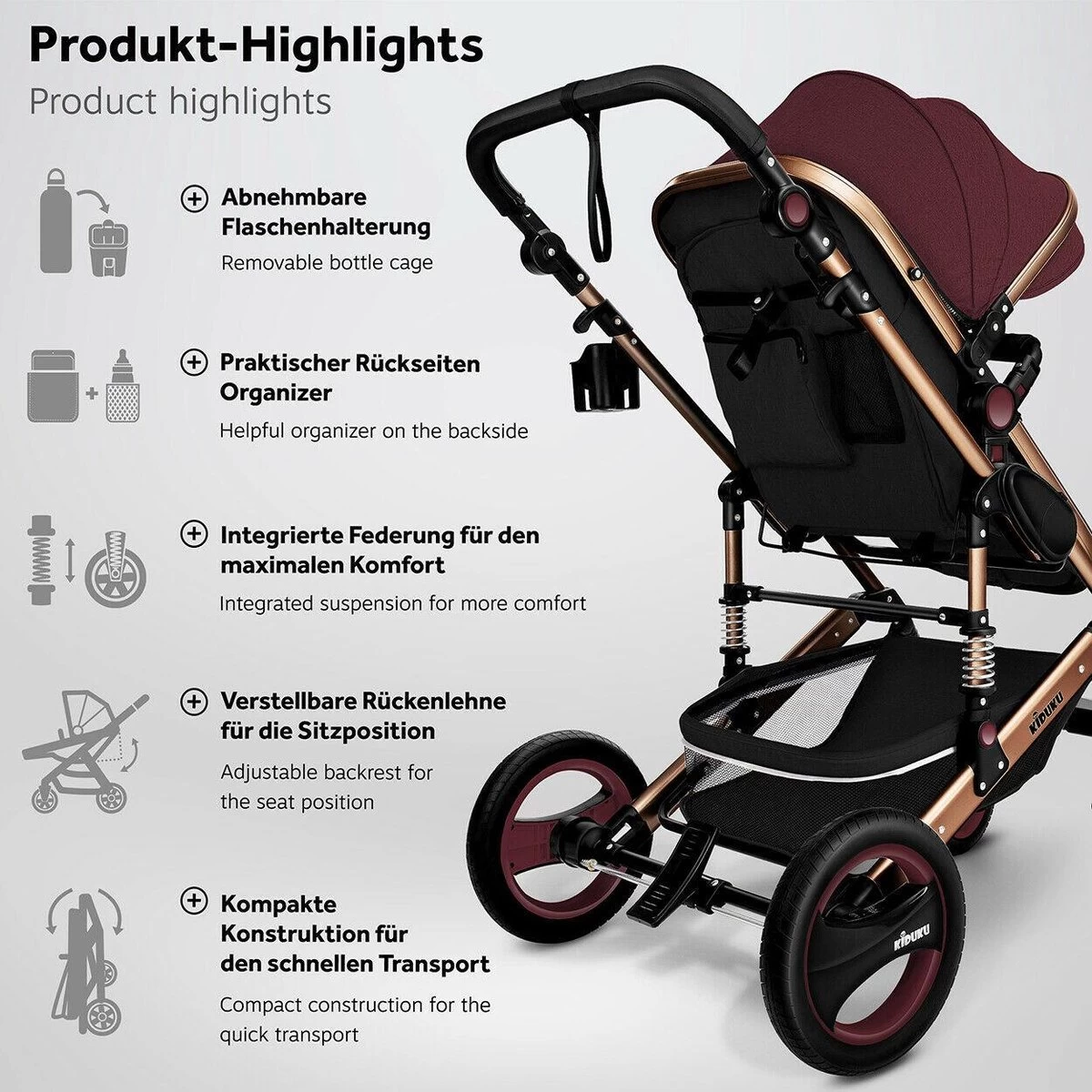 KIDUKU- 3 In 1 Combi-kinderwagen- Bordeaux- Zwart-goud- Buggy Incl. Autostoeltje-regenhoes- Inklapbaar - Afbeelding 6