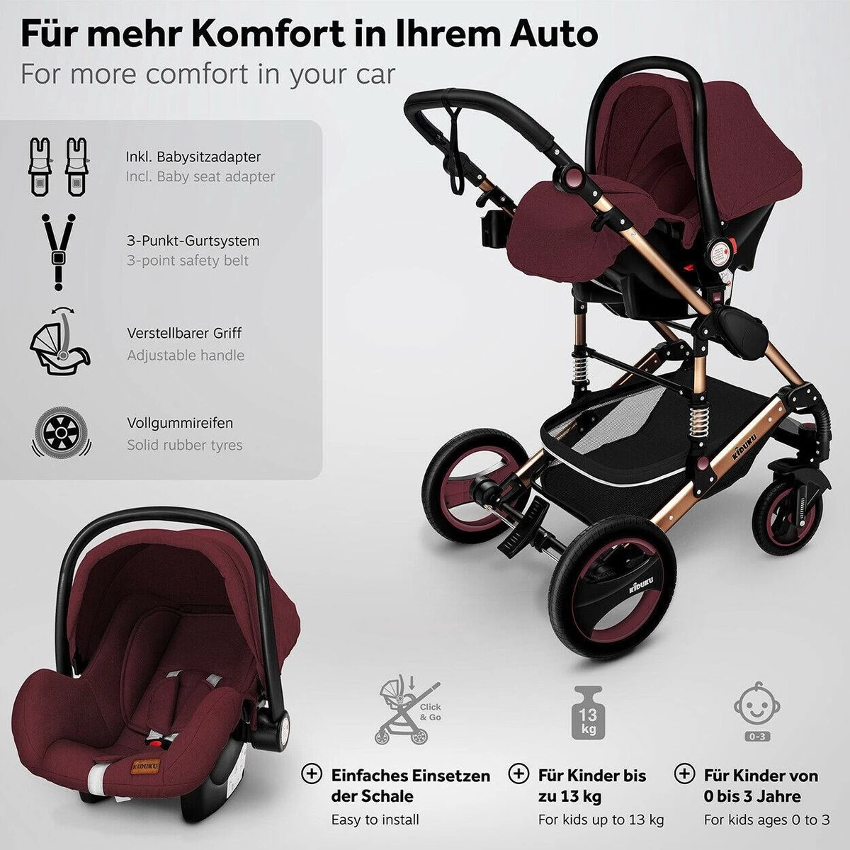 KIDUKU- 3 In 1 Combi-kinderwagen- Bordeaux- Zwart-goud- Buggy Incl. Autostoeltje-regenhoes- Inklapbaar - Afbeelding 7