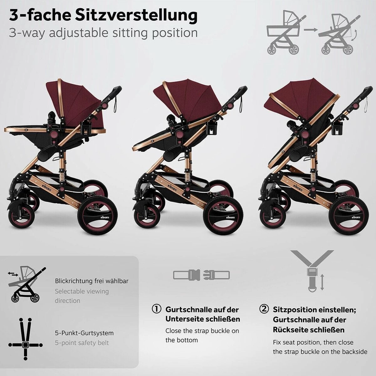 KIDUKU- 3 In 1 Combi-kinderwagen- Bordeaux- Zwart-goud- Buggy Incl. Autostoeltje-regenhoes- Inklapbaar - Afbeelding 8