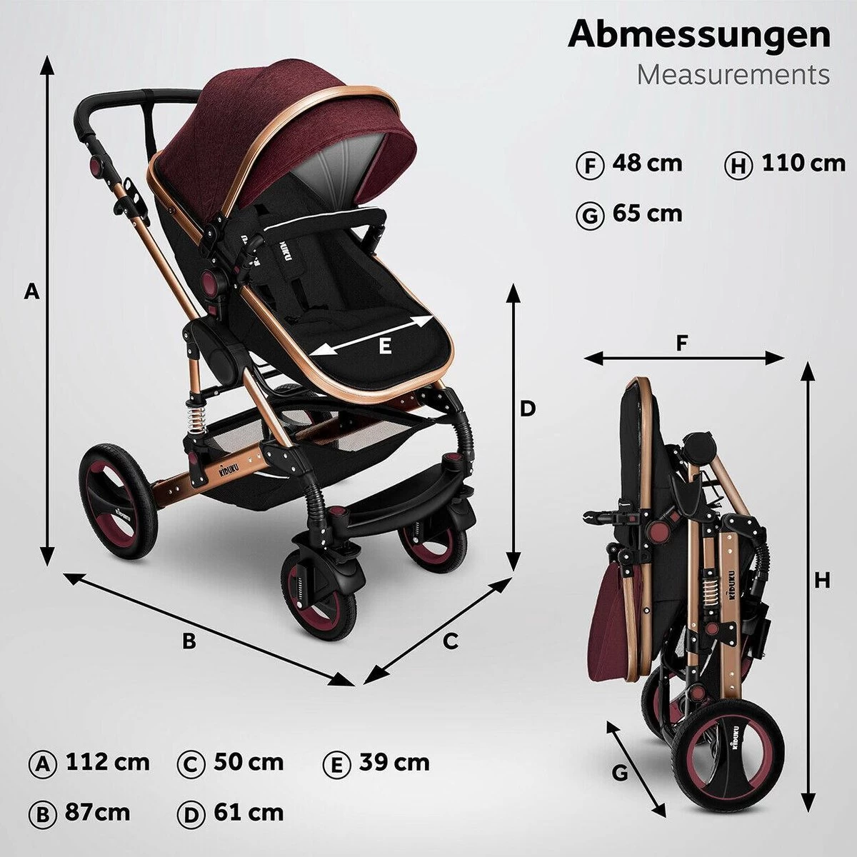 KIDUKU- 3 In 1 Combi-kinderwagen- Bordeaux- Zwart-goud- Buggy Incl. Autostoeltje-regenhoes- Inklapbaar - Afbeelding 10