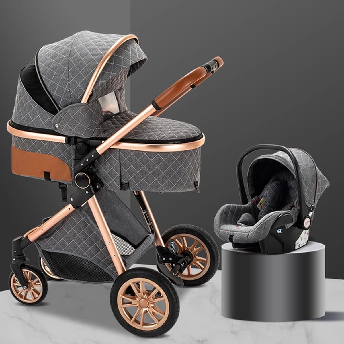 Merkloos Kinderwagen 3-in-1 – Luxe Kinderwagen - Buggy – Wandelwagen - Multifunctioneel – Opklapbaar – Incl Autostoel – Grijs