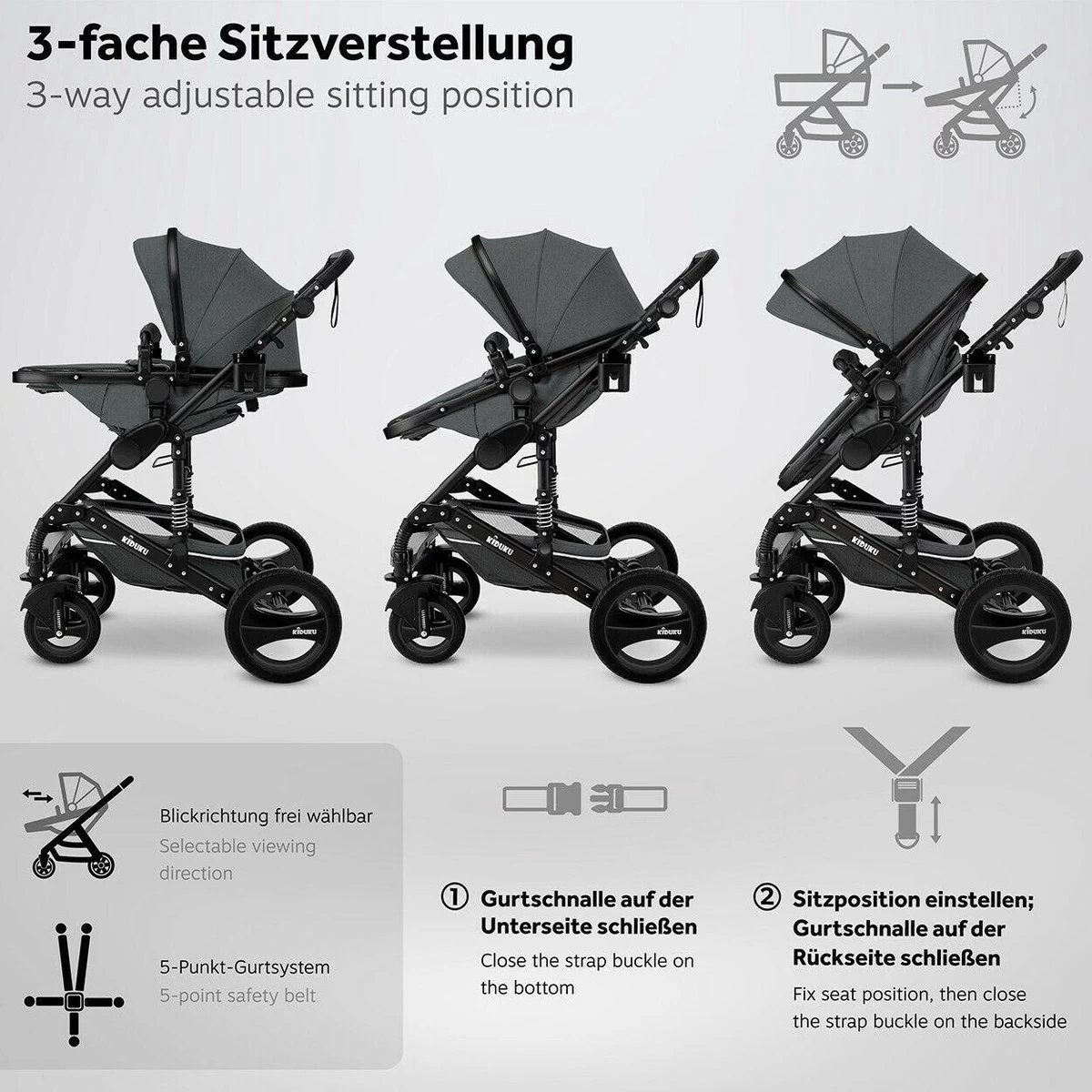 KIDUKU- 3 In 1 Combi-kinderwagen- Antraciet/zwart Buggy Incl. Autostoeltje-regenhoes- Inklapbaar - Afbeelding 2