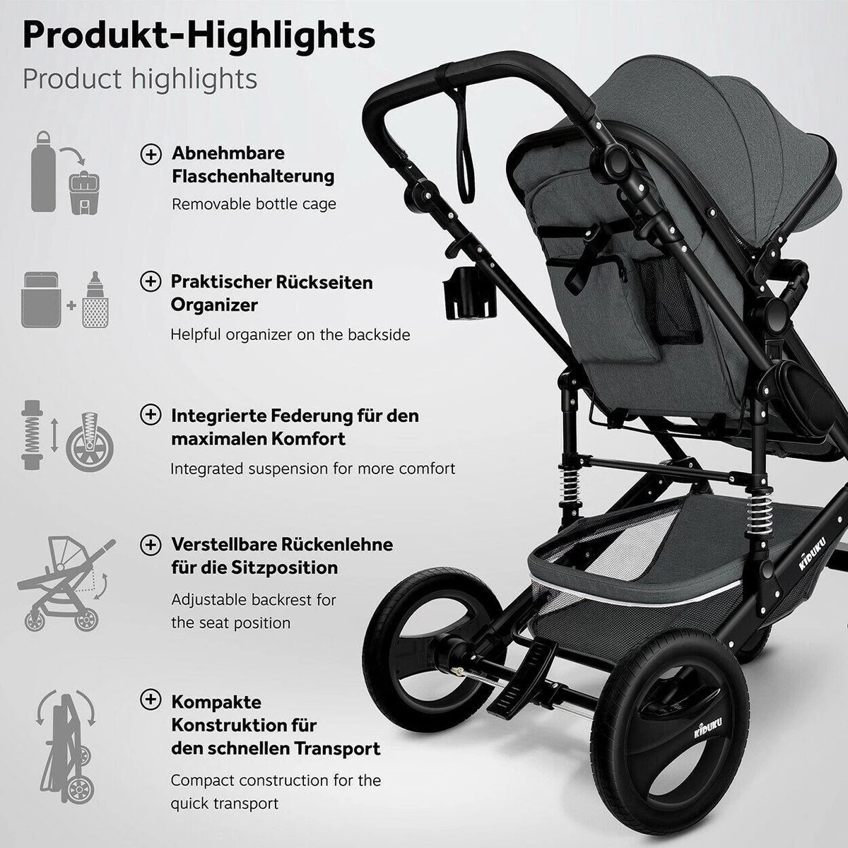 KIDUKU- 3 In 1 Combi-kinderwagen- Antraciet/zwart Buggy Incl. Autostoeltje-regenhoes- Inklapbaar - Afbeelding 3