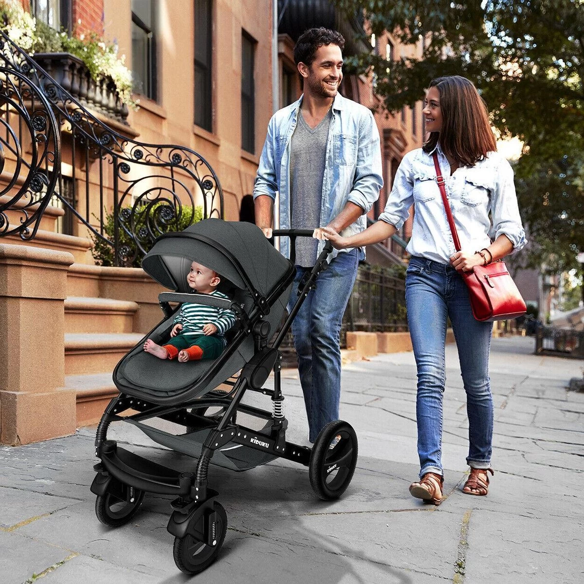 KIDUKU- 3 In 1 Combi-kinderwagen- Antraciet/zwart Buggy Incl. Autostoeltje-regenhoes- Inklapbaar - Afbeelding 4