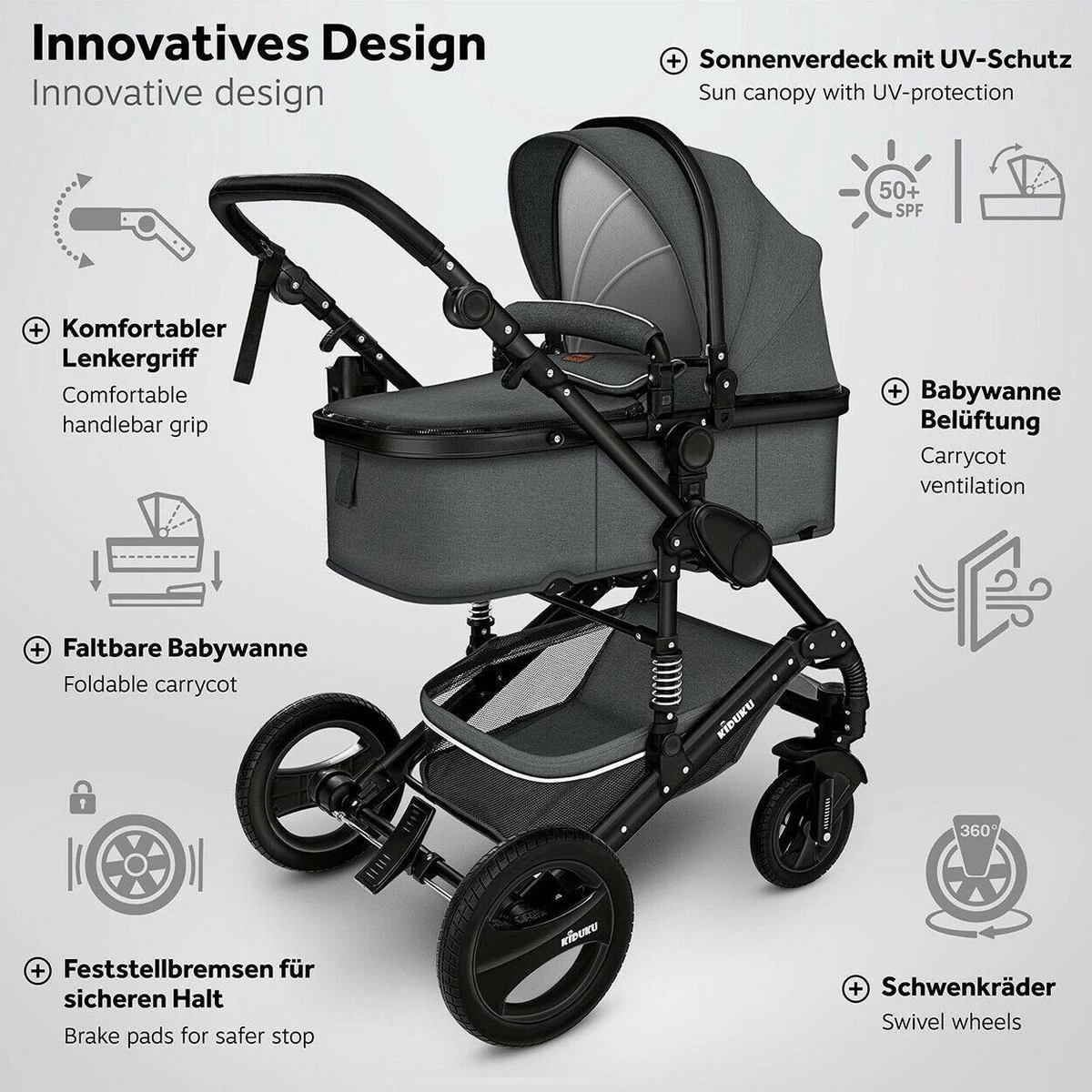 KIDUKU- 3 In 1 Combi-kinderwagen- Antraciet/zwart Buggy Incl. Autostoeltje-regenhoes- Inklapbaar - Afbeelding 6