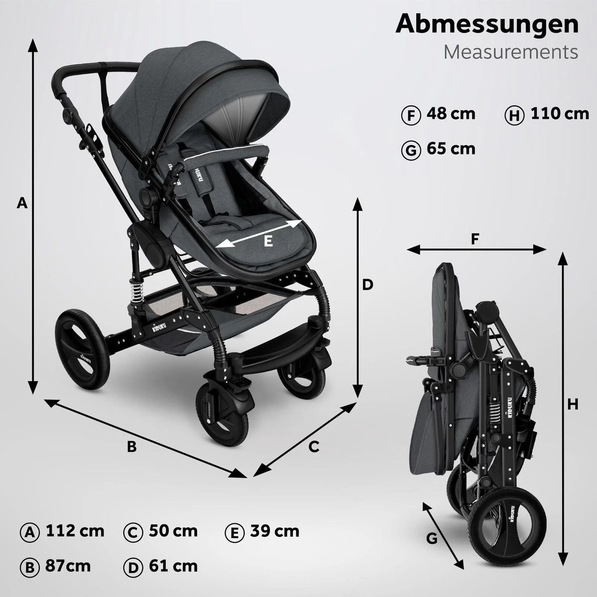 KIDUKU- 3 In 1 Combi-kinderwagen- Antraciet/zwart Buggy Incl. Autostoeltje-regenhoes- Inklapbaar - Afbeelding 7