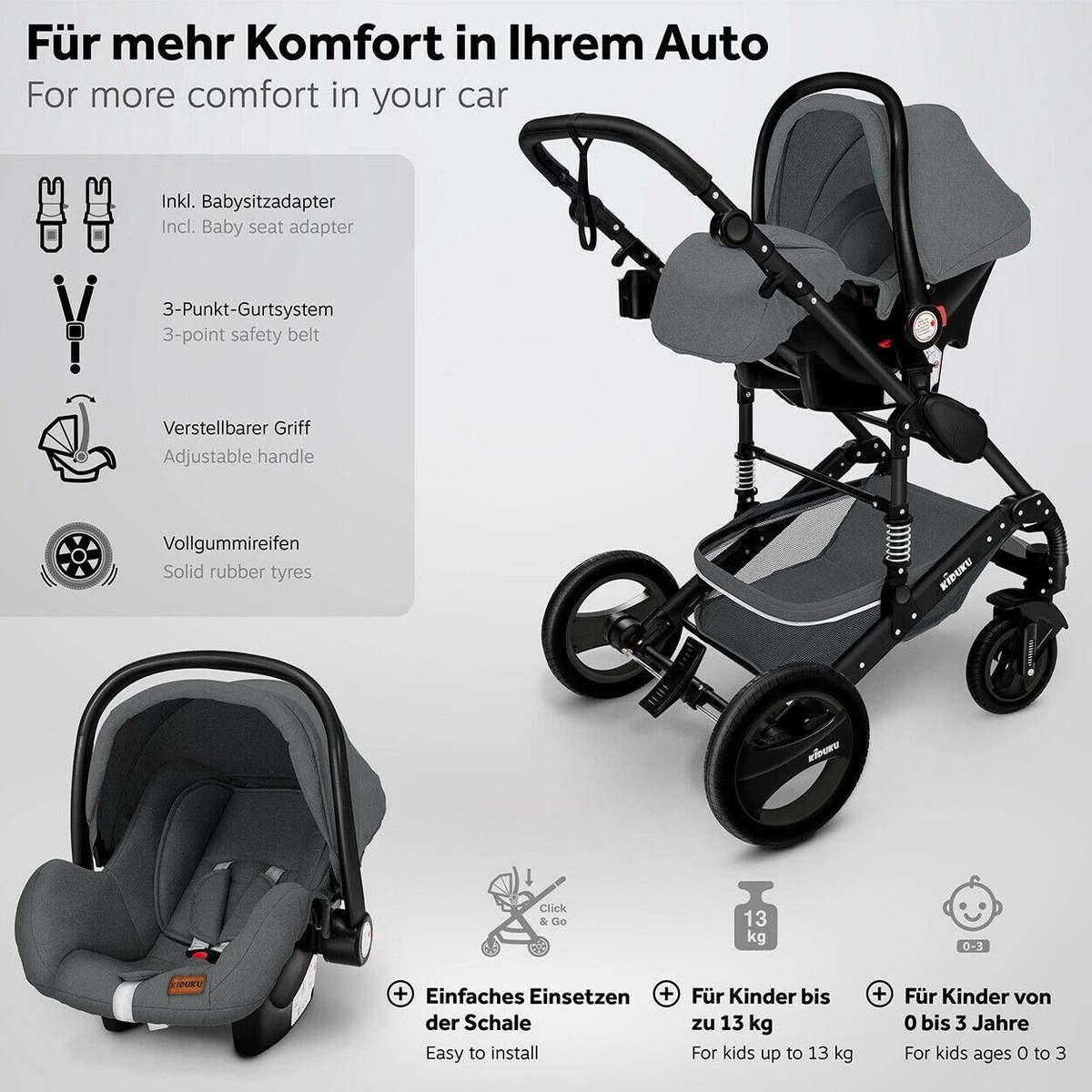 KIDUKU- 3 In 1 Combi-kinderwagen- Antraciet/zwart Buggy Incl. Autostoeltje-regenhoes- Inklapbaar - Afbeelding 8