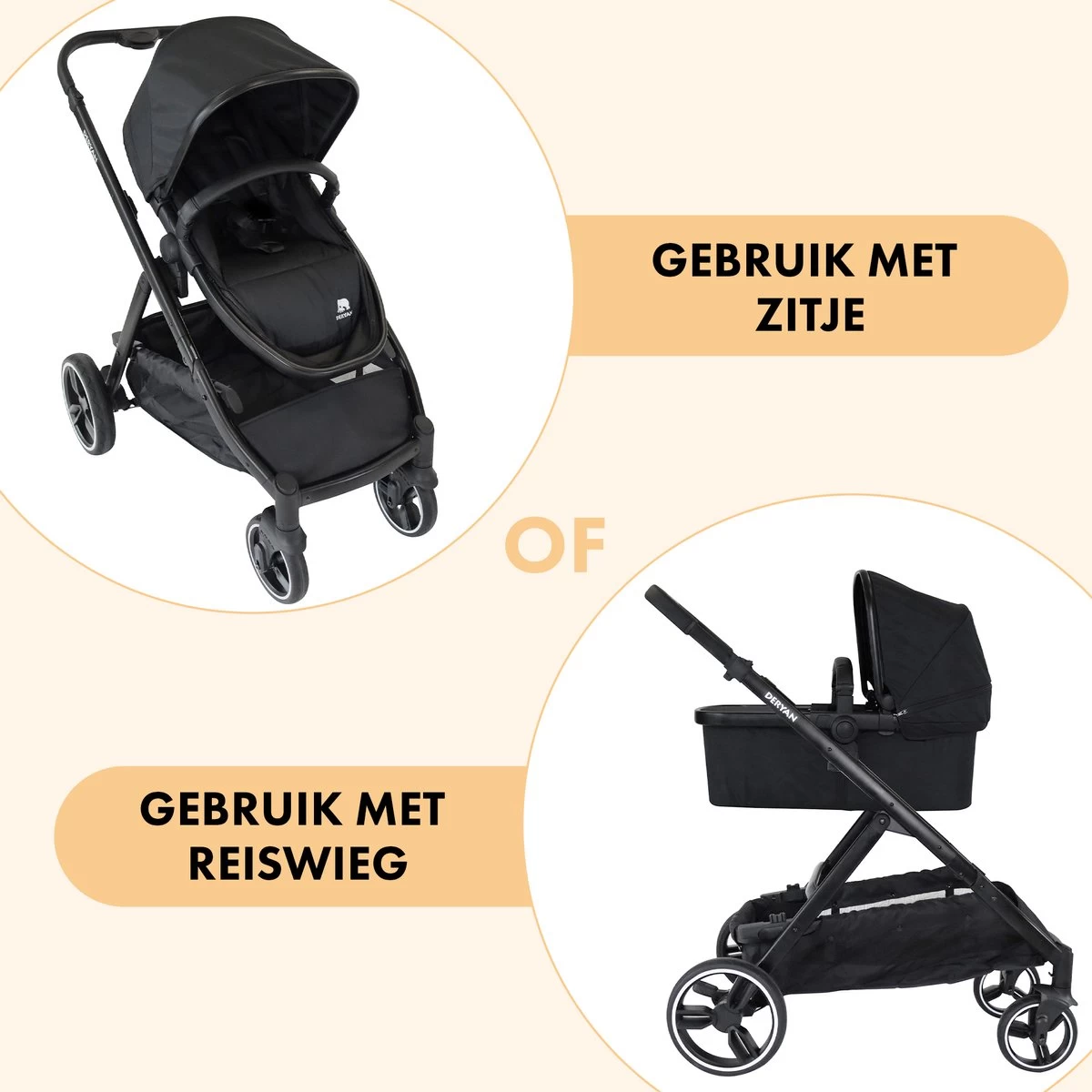 Deryan Evy Kinderwagen - Duo Kinderwagen - Uitbreidbaar - Inclusief Reiswieg - Zwart - Afbeelding 2
