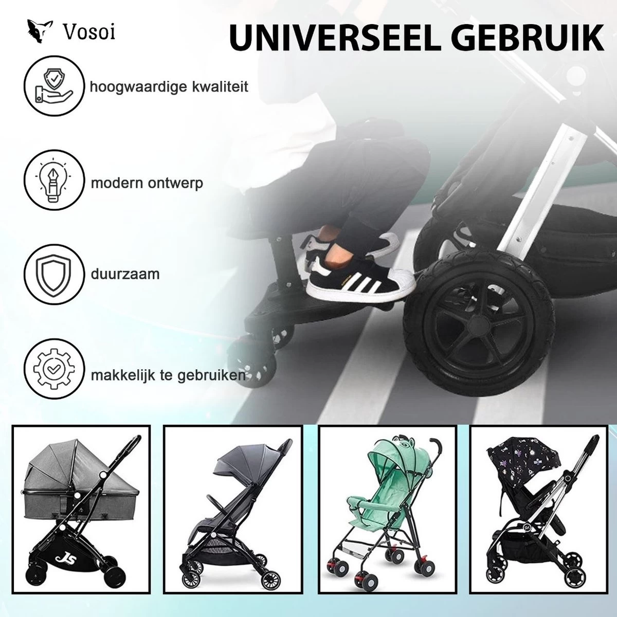 Vosoi - Meerijdplankje - Kinderwagen - Buggy's - Onderweg - Universeel - Verstelbaar - Zitje - Onderweg - 2 Wielen - Kinderwagen Accessoires - Afbeelding 2