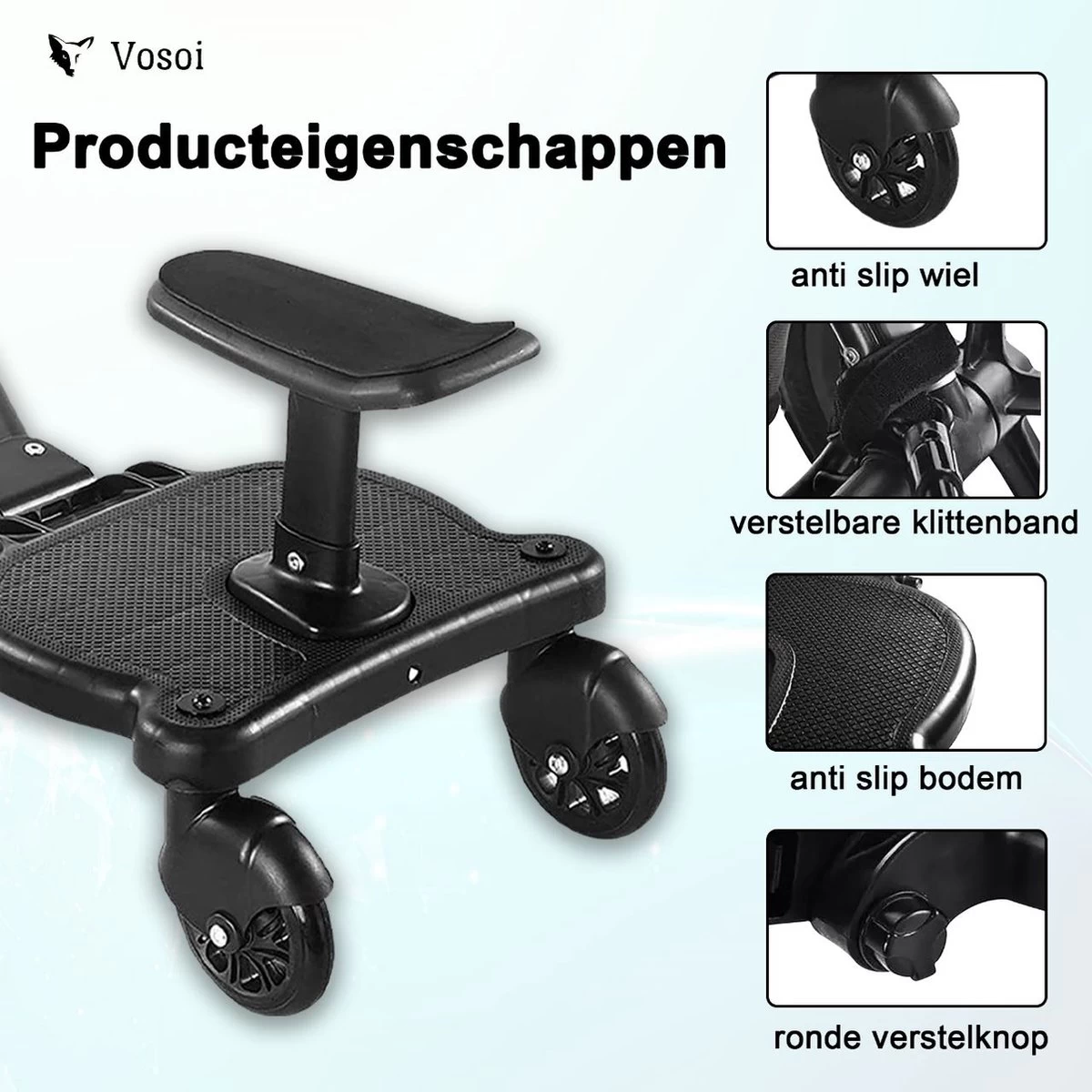 Vosoi - Meerijdplankje - Kinderwagen - Buggy's - Onderweg - Universeel - Verstelbaar - Zitje - Onderweg - 2 Wielen - Kinderwagen Accessoires - Afbeelding 4