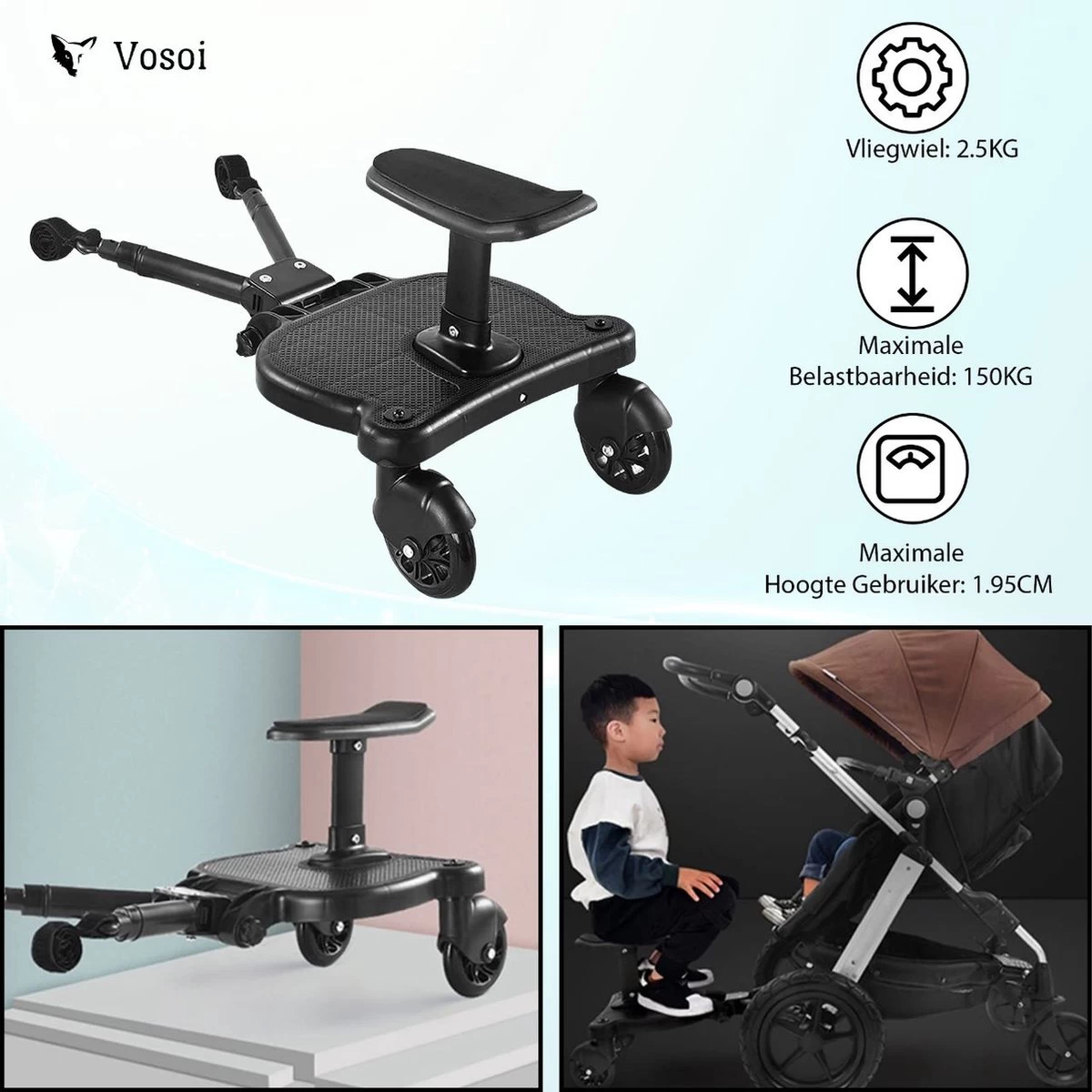 Vosoi - Meerijdplankje - Kinderwagen - Buggy's - Onderweg - Universeel - Verstelbaar - Zitje - Onderweg - 2 Wielen - Kinderwagen Accessoires - Afbeelding 6