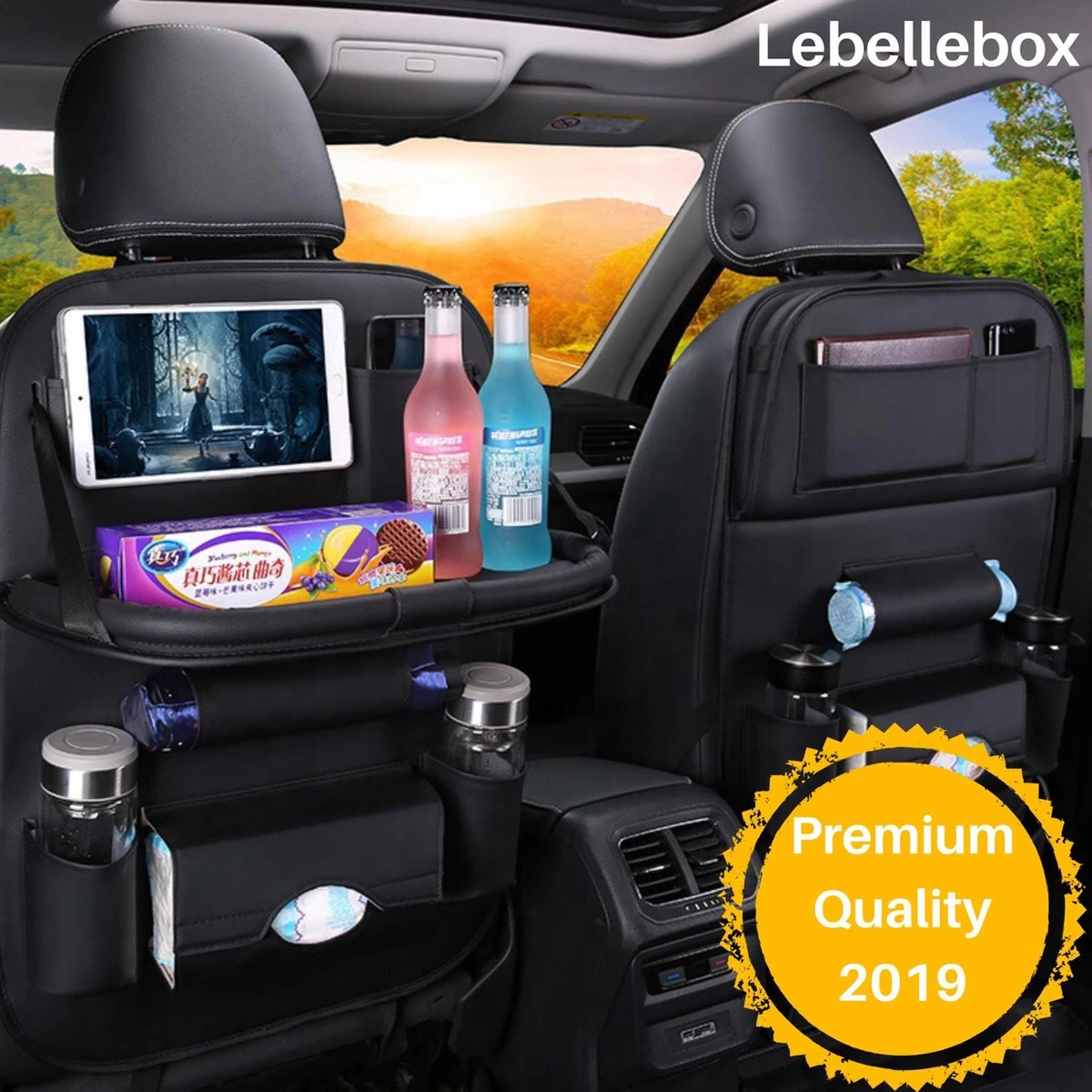 Merkloos PREMIUM Autostoel Organizer - Carseat Organiser - Auto Stoel Organizer - Tablet Houder - Auto Tafeltje - Auto Organizer - Beker Houder - Paraplu Houder - Tissue Doos Houder