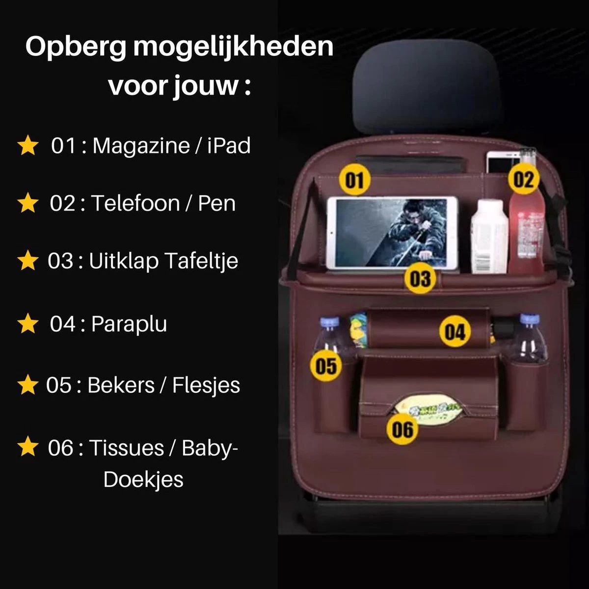 Merkloos PREMIUM Autostoel Organizer - Carseat Organiser - Auto Stoel Organizer - Tablet Houder - Auto Tafeltje - Auto Organizer - Beker Houder - Paraplu Houder - Tissue Doos Houder - Afbeelding 9