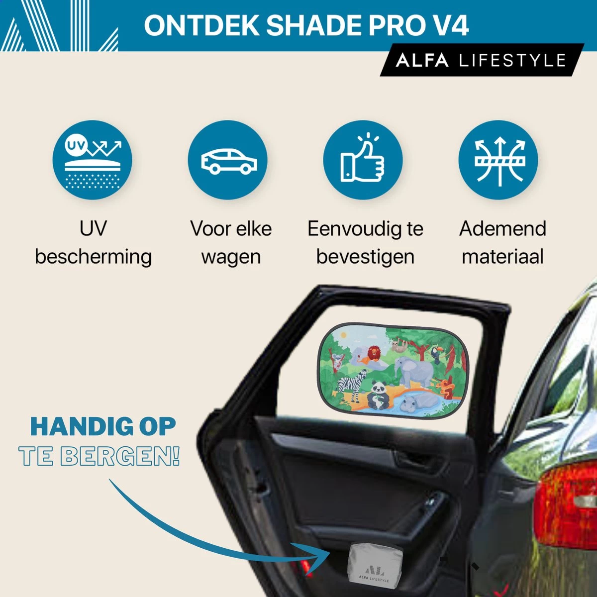 ALFA LIFESTYLE® Statische Zonneschermen – SHADE PRO V4- Jungle – Zonnescherm Auto Baby – UV Protectie Bescherming - 2 Stuks - Afbeelding 4