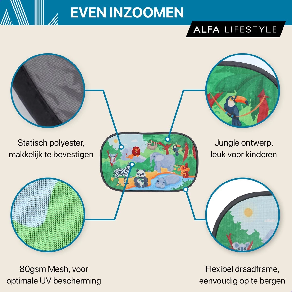 ALFA LIFESTYLE® Statische Zonneschermen – SHADE PRO V4- Jungle – Zonnescherm Auto Baby – UV Protectie Bescherming - 2 Stuks - Afbeelding 7